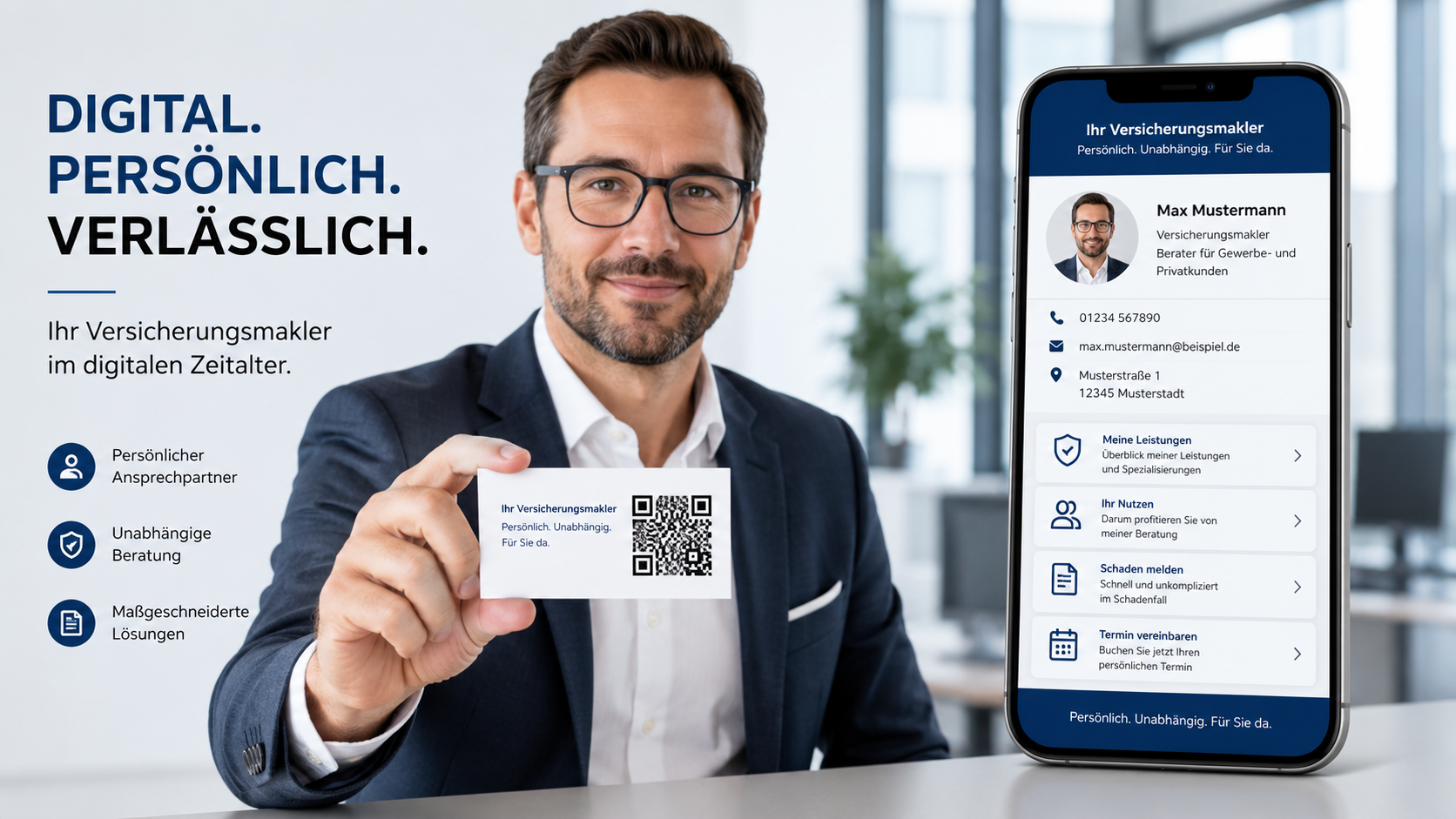Versicherungsmakler nutzt einen QR-Code, um Kunden direkt zu seinem digitalen Profil und Beratungsangebot zu führen.