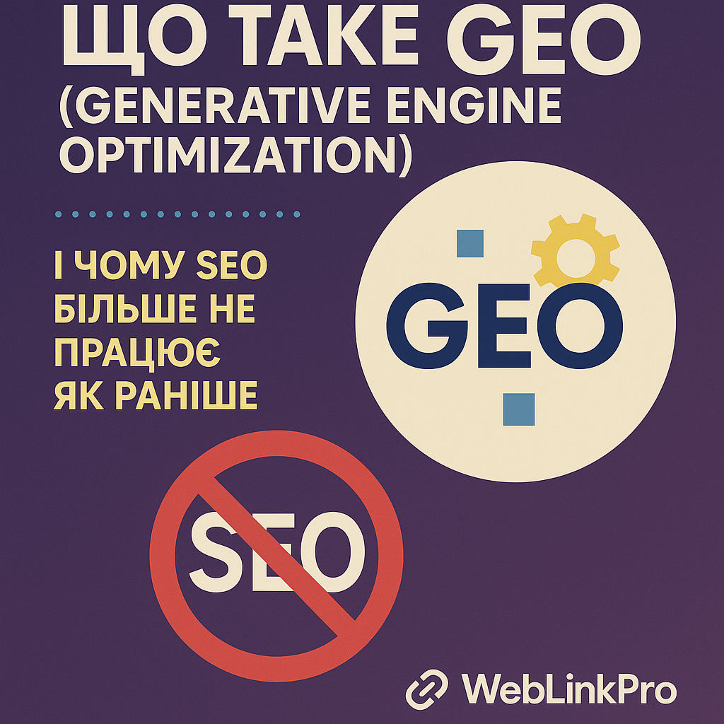 Інфографіка про те, що таке GEO (Generative Engine Optimization) і чому традиційне SEO втрачає ефективність. Показано відмінність між GEO і SEO, з акцентом на нові методи оптимізації під ШІ. Автор — WebLinkPro.